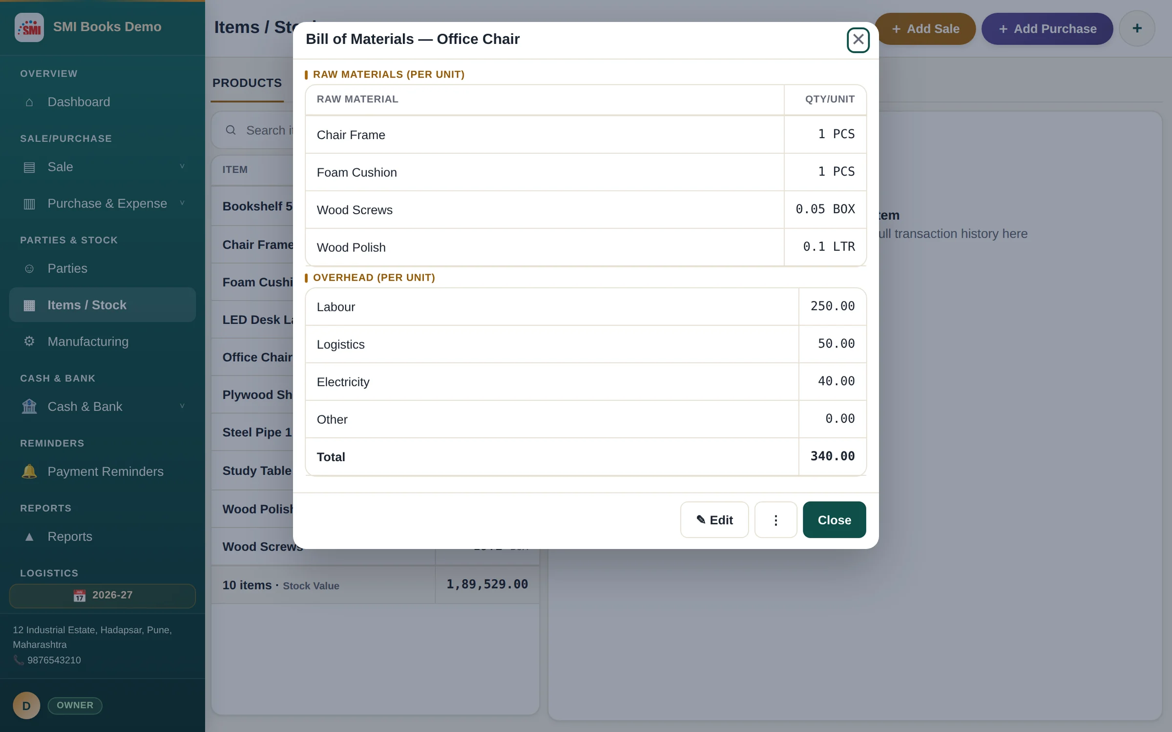 Bill of Materials for an office chair