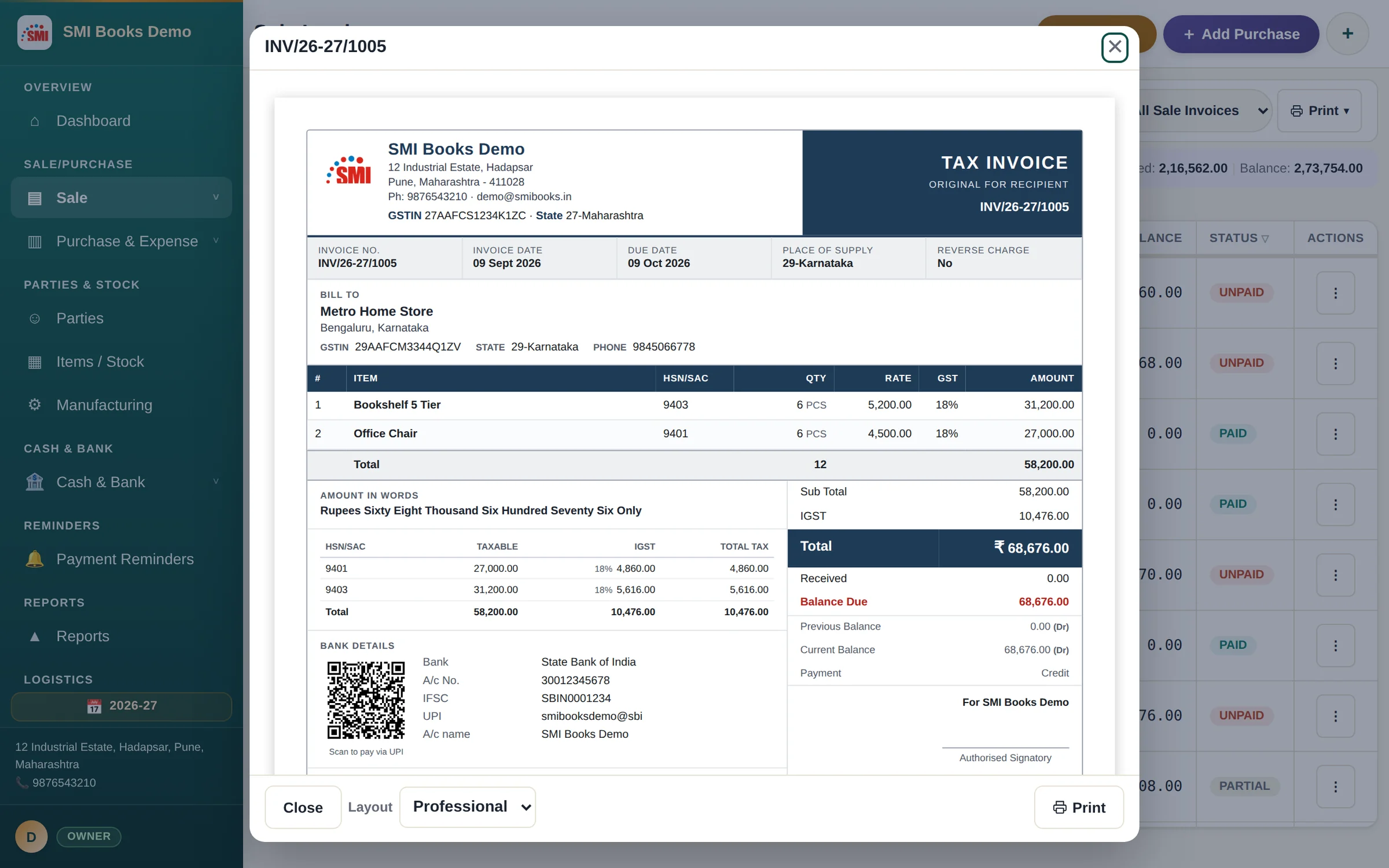 A GST tax invoice with IGST, bank details and UPI QR