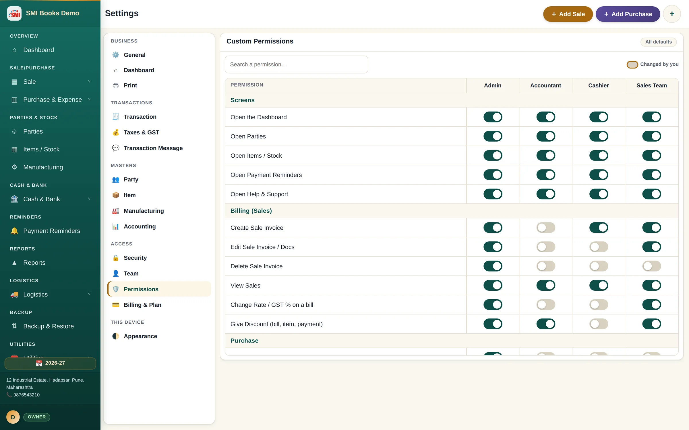 SMI Books permissions screen: one column per role, a switch per right