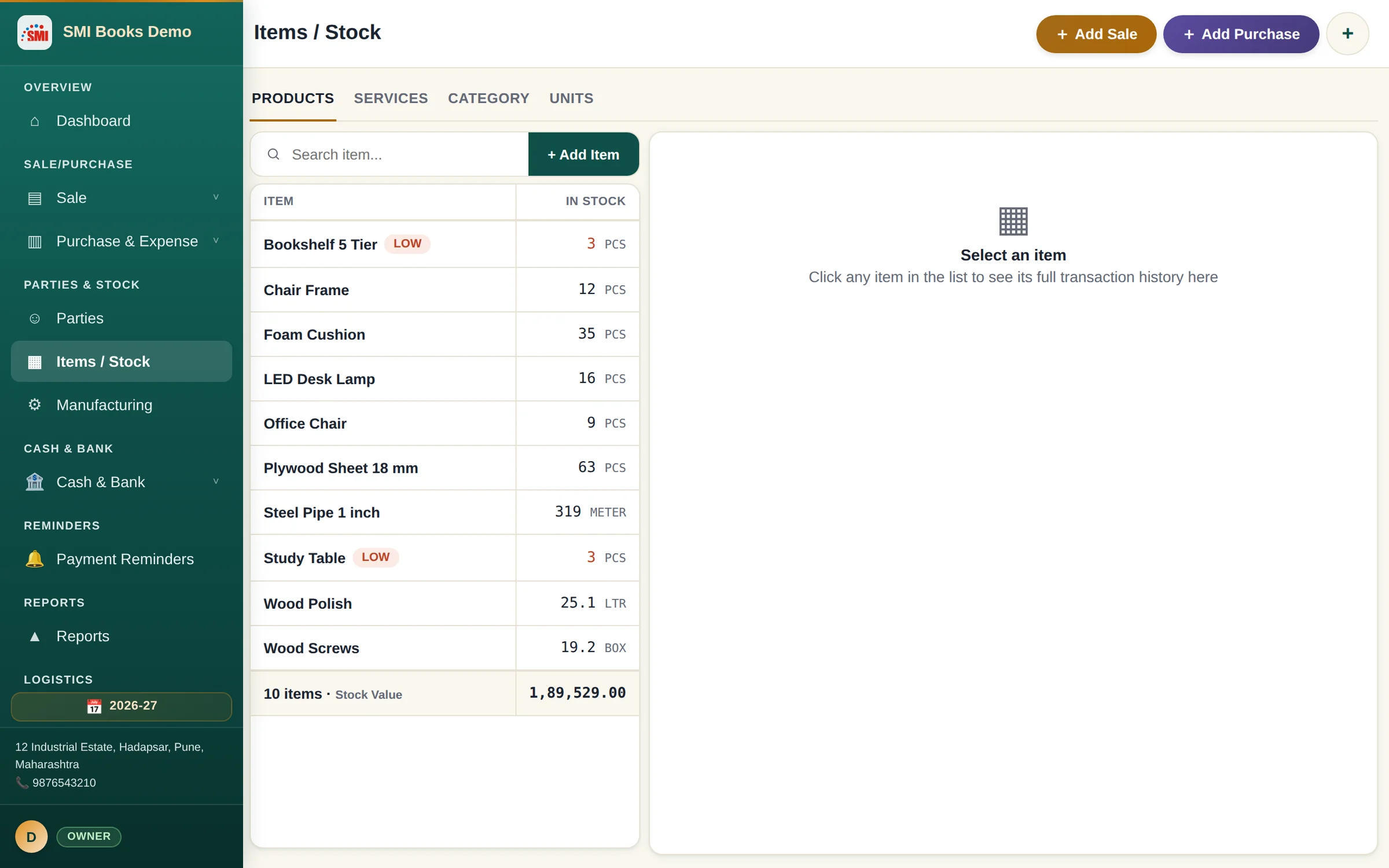 Items and stock list with stock value