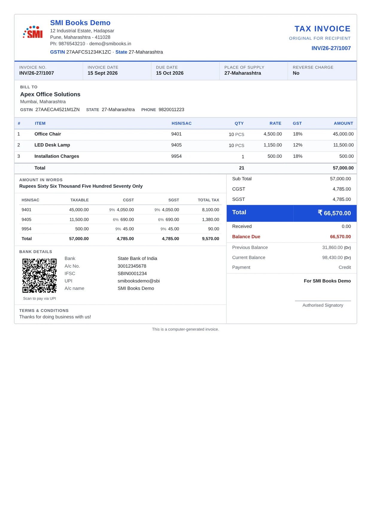 Compact invoice template printed from SMI Books