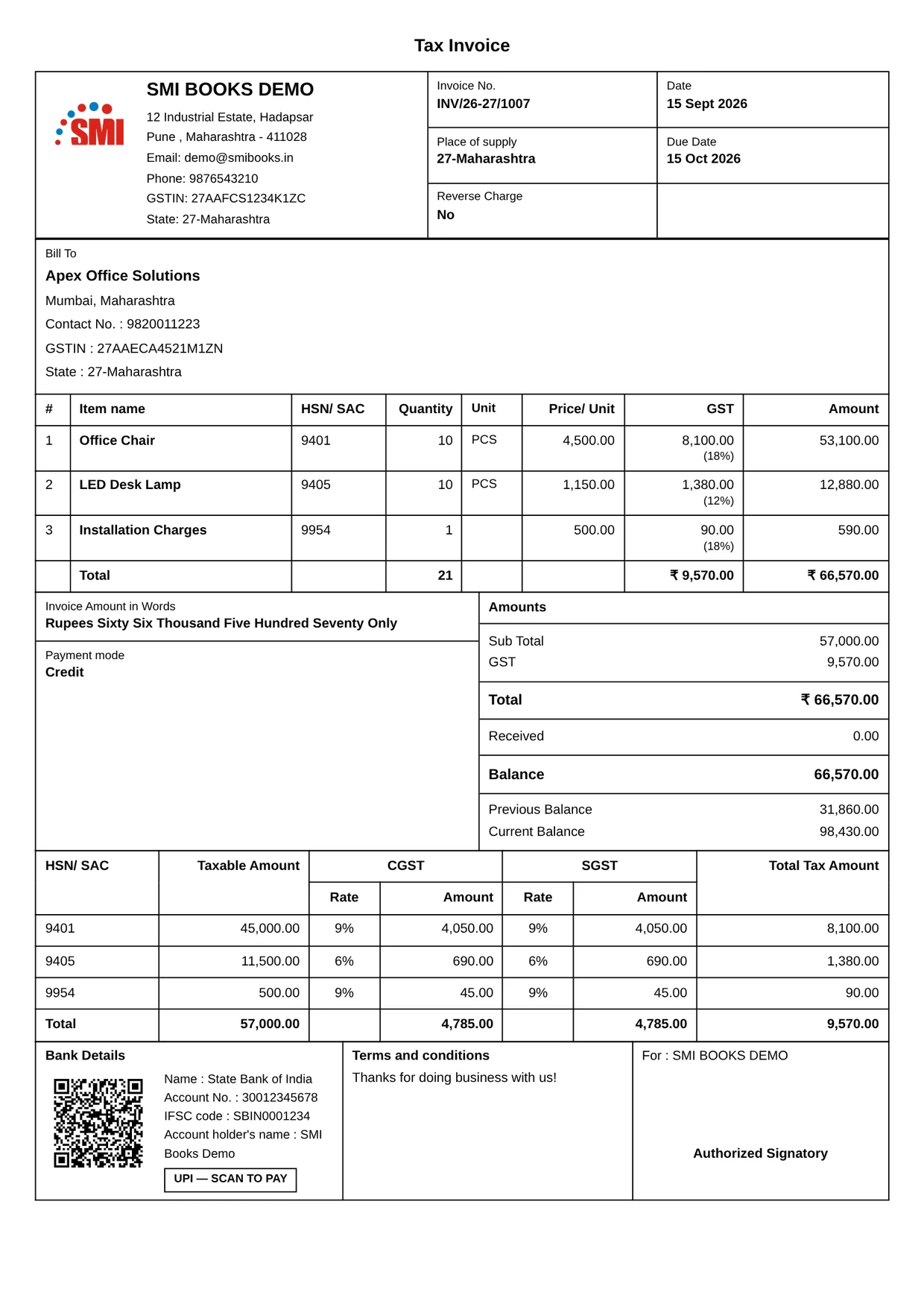 Grid invoice template printed from SMI Books