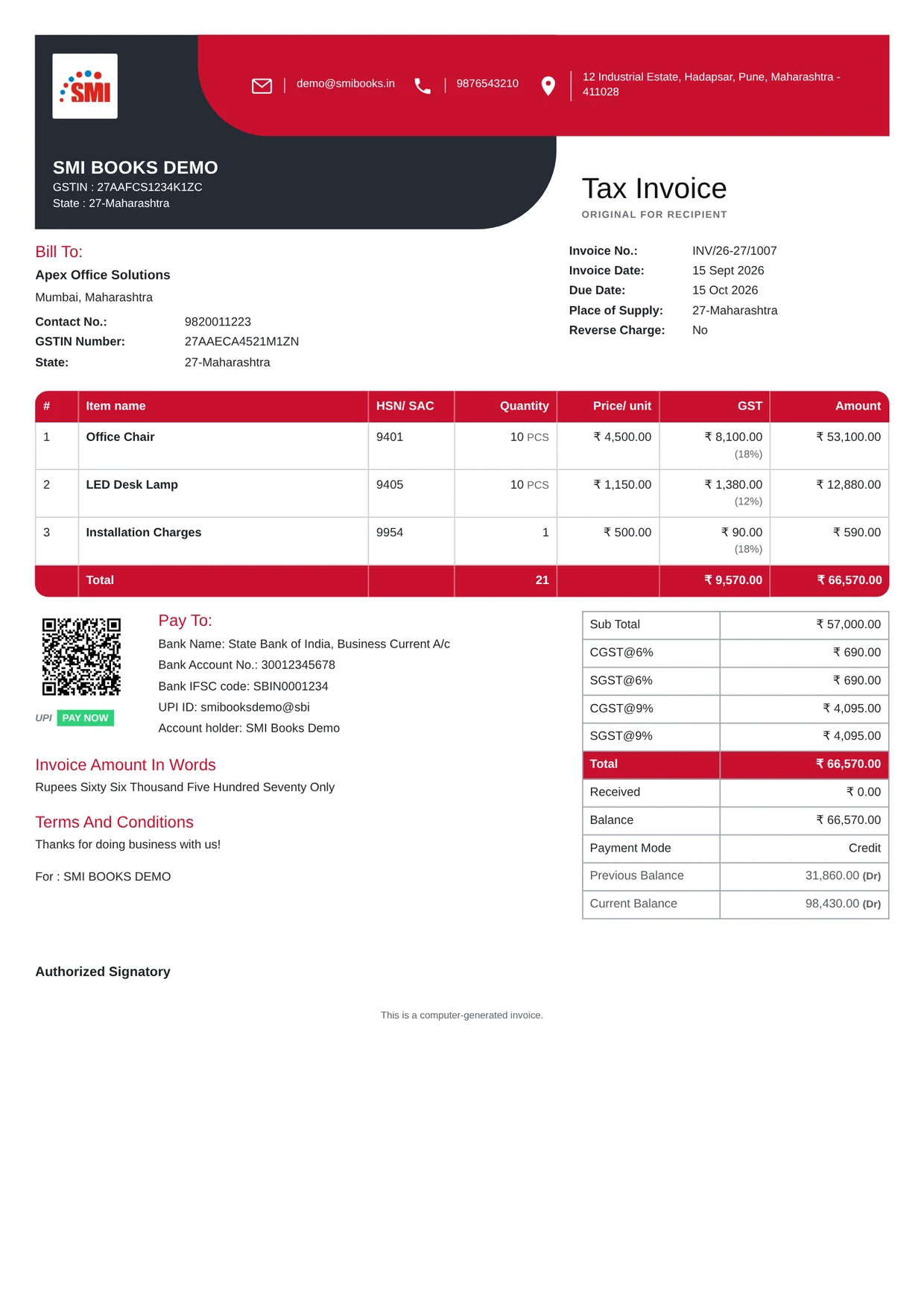 Modern invoice template printed from SMI Books
