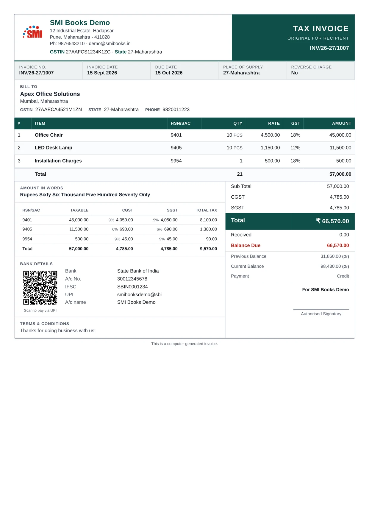 Professional invoice template printed from SMI Books